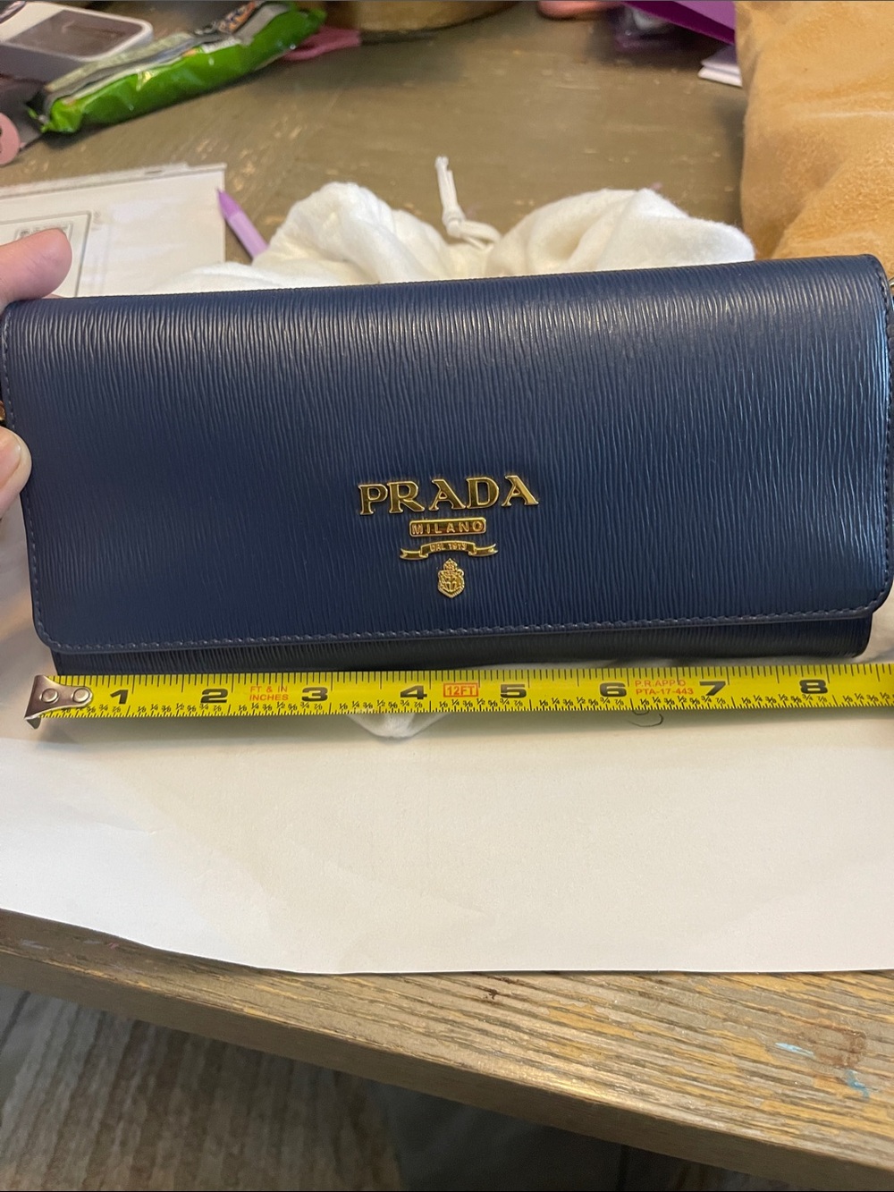 Prada Saffiano Leather Continental Wallet in Navy with Gold Logo